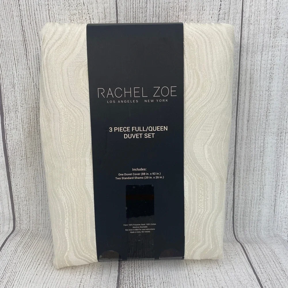 Rachel Zoe Duvet Set Full/Queen Ivory Cream Wavy Jacquard Modern Textured Chic